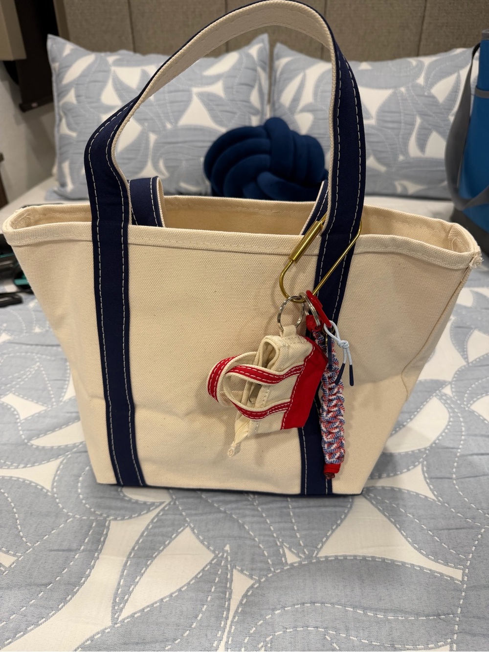 L.L. Bean Canvas Tote in Natural with Navy Trim and Red Accent Charm